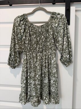 Olive Green Floral Smocked Kids' Dress